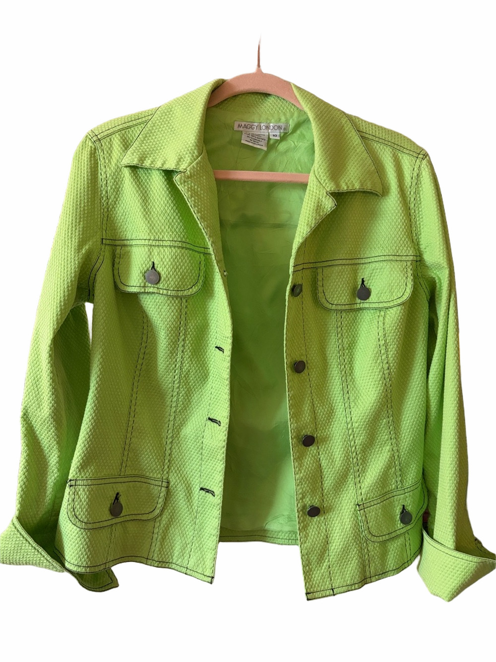 Maggie London bright green lightweight cotton jean jacket style size 10.